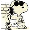 Snoopy leans against a brick wall while wearing 
         sunglasses and a sweater that reads 'Joe Cool.' Woodstock 
         is standing next to him, also with sunglasses on.